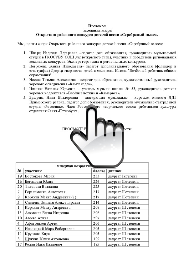 Протокол заседания жюри Открытого районного конкурса детской песни Серебряный голос 